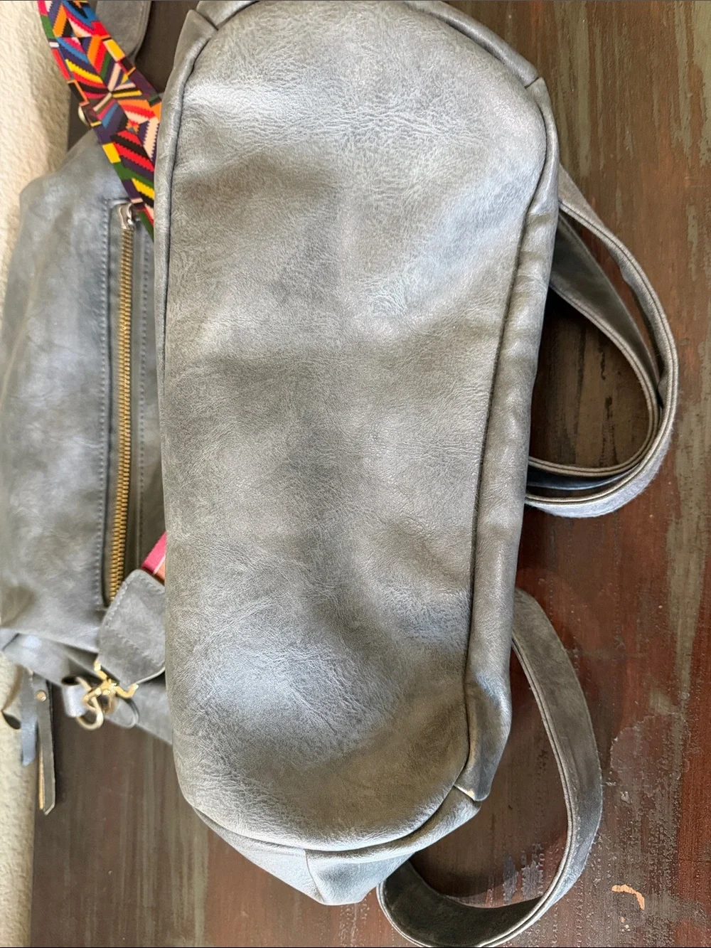Gray Women’s Leather-Style Backpack with Multicolor Strap